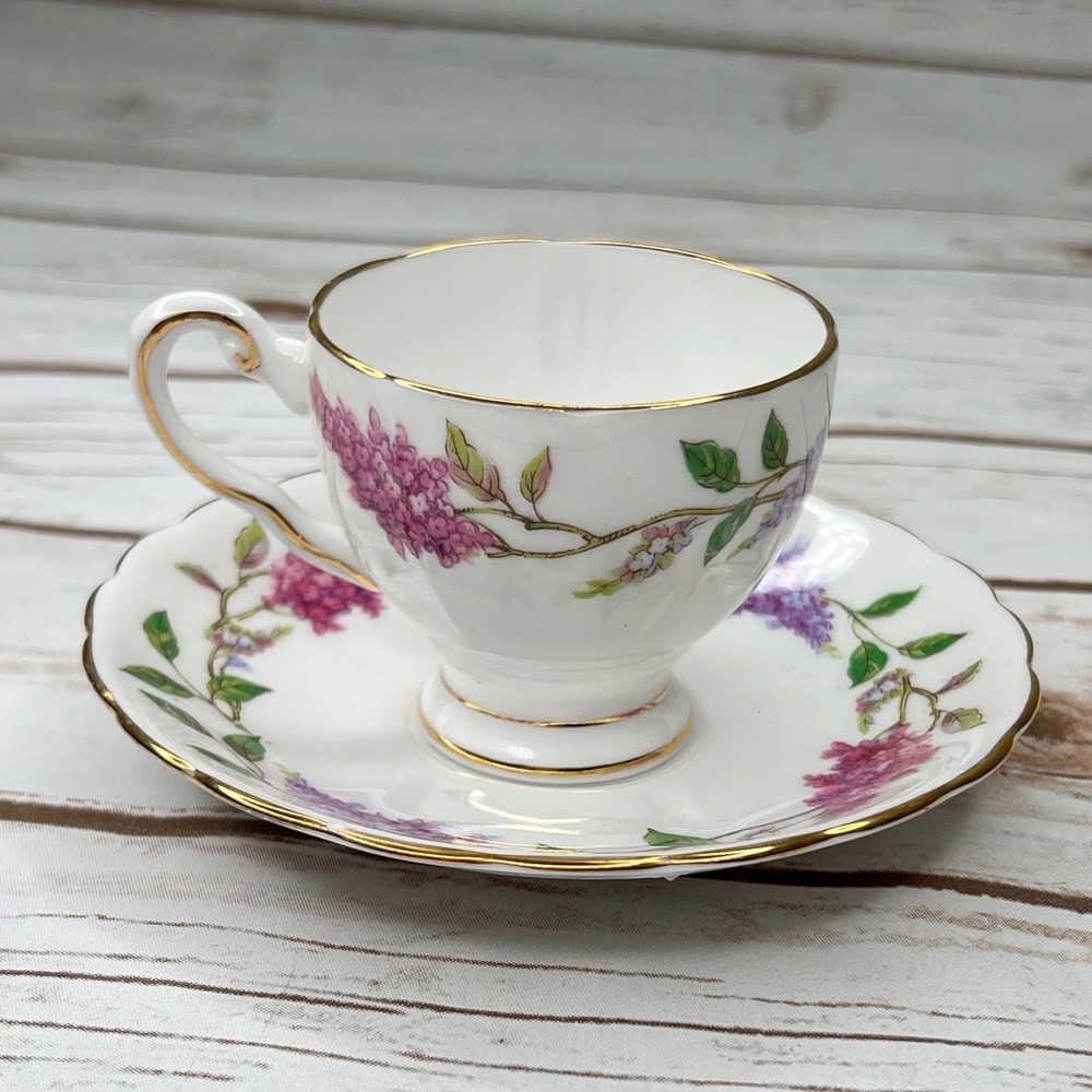 Tuscan Tea Cup and Saucer Lilac Time White Purple Floral Gold Trim Vintage Set